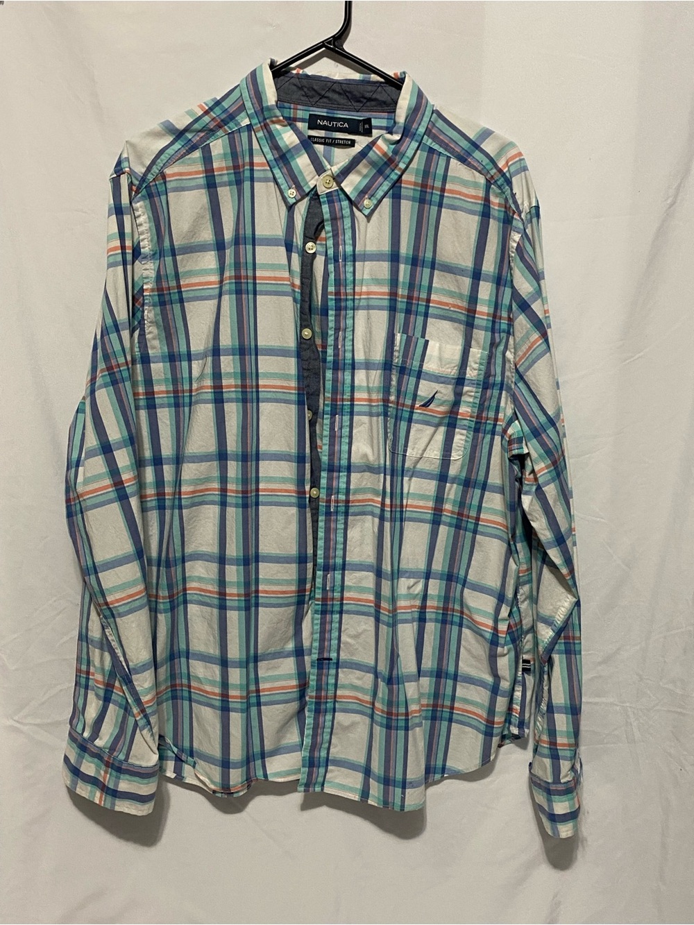 Nautica Men's White and Blue Plaid Button-Down Shirt with Teal Accents
